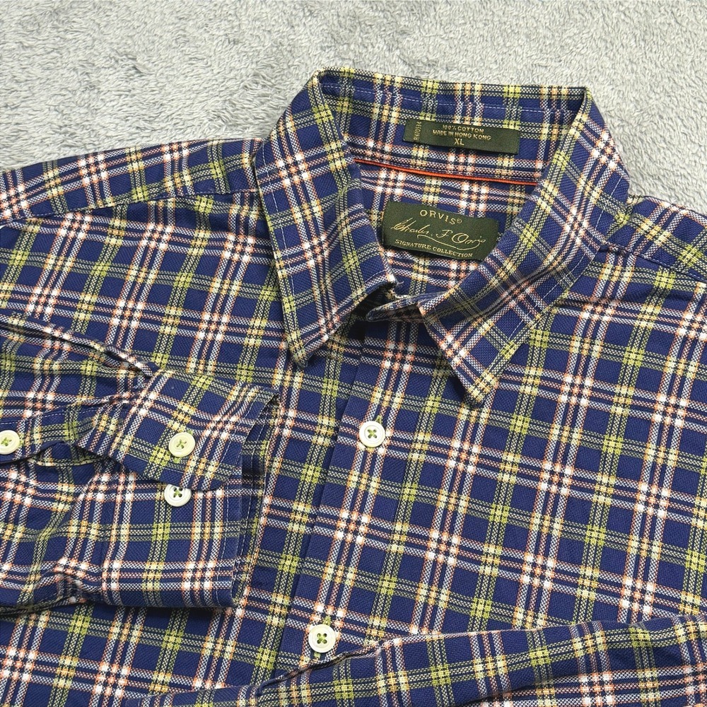 Orvis Signature Collection Mens XL Plaid Button Down Shirt Blue Yellow Cotton